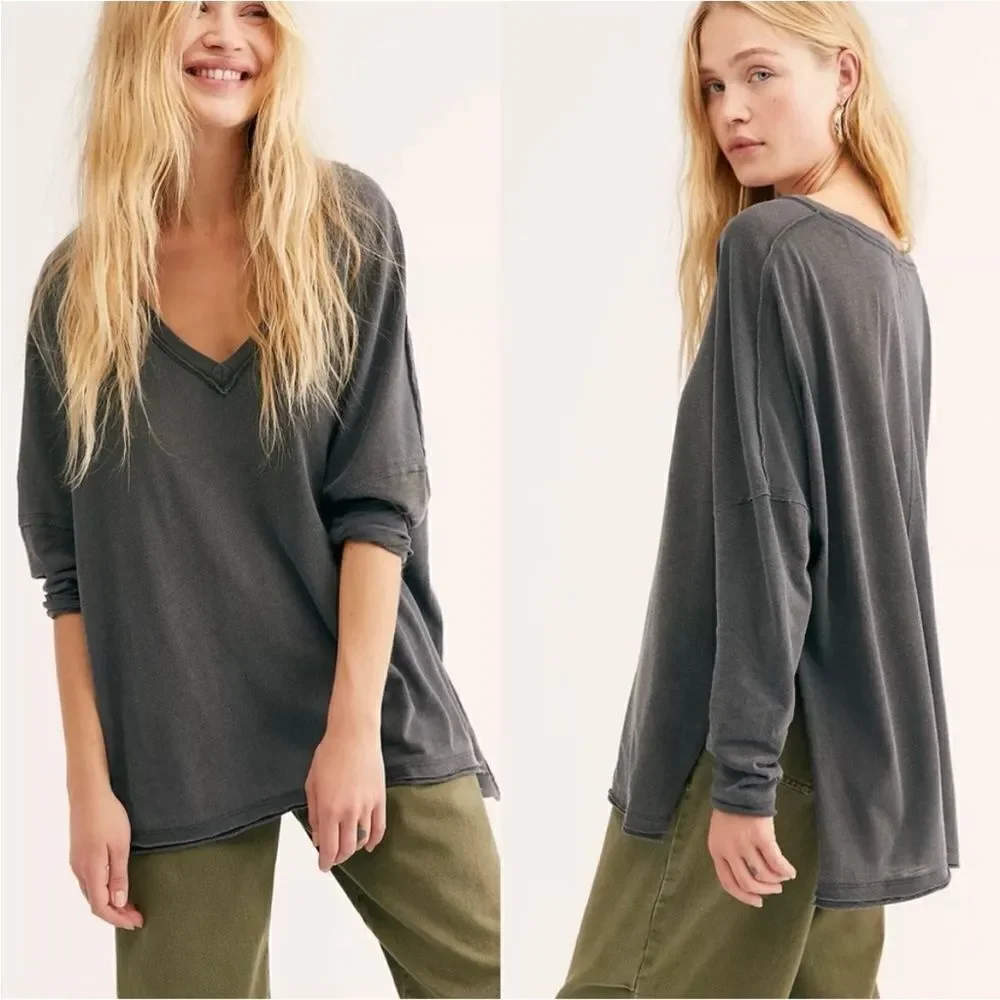 Free People On My Mind Oversized V Neck in Black
